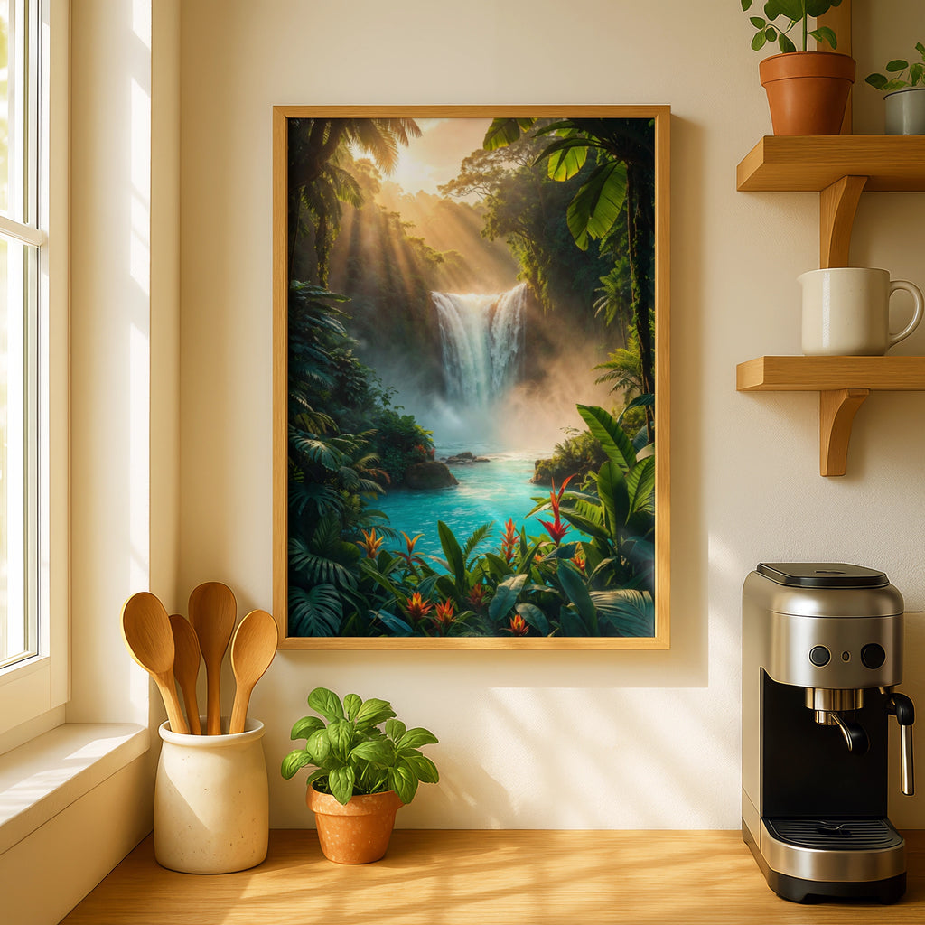 Jungle Waterfall Poster, Tropical Rainforest Wall Art, Turquoise Nature Print