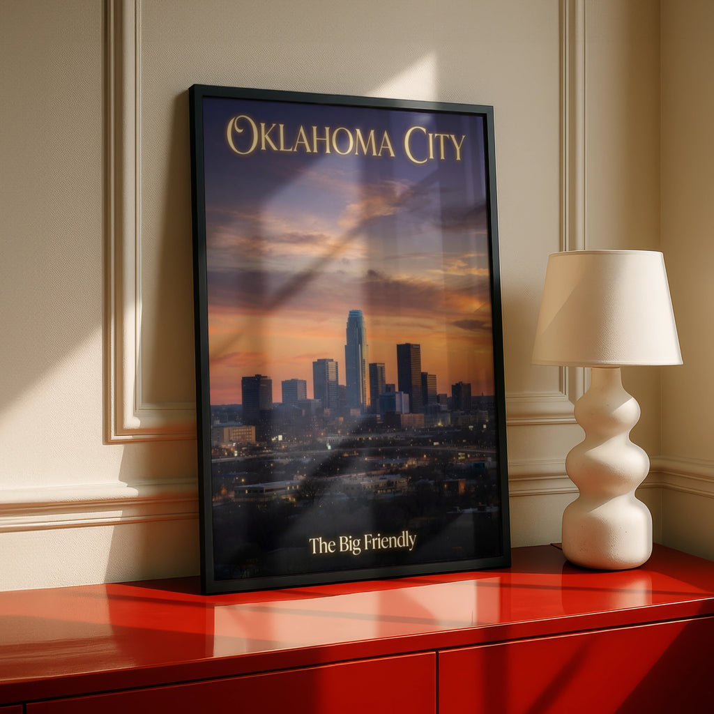Oklahoma City Skyline Poster, OKC Sunset Wall Art, The Big Friendly Print, Downtown Gift