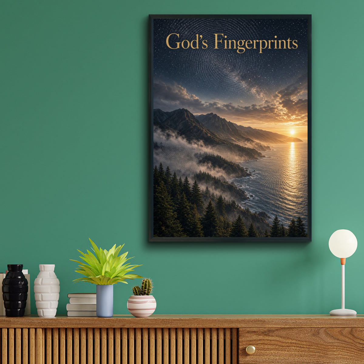 God's Fingerprints Spiritual Nature Poster, Coastal Mountain Sunset Wall Art, Christian Faith Print