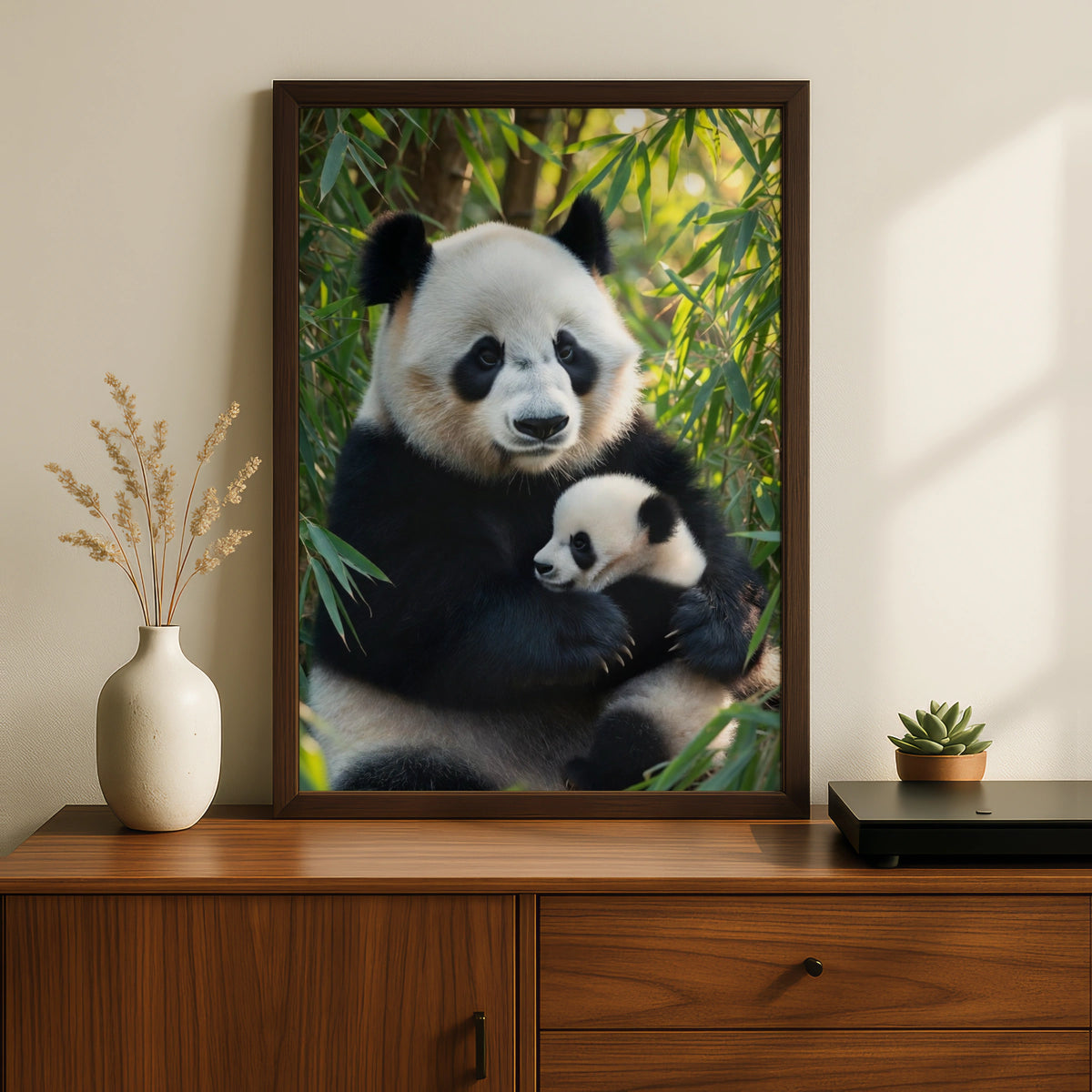 Giant Panda Mother and Baby Poster, Cute Panda Cub Wall Art, Bamboo Wildlife Print