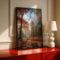 Fall Forest Path Poster, Autumn Foliage Wall Art, Red Orange Leaves Nature Print, Woodland Decor