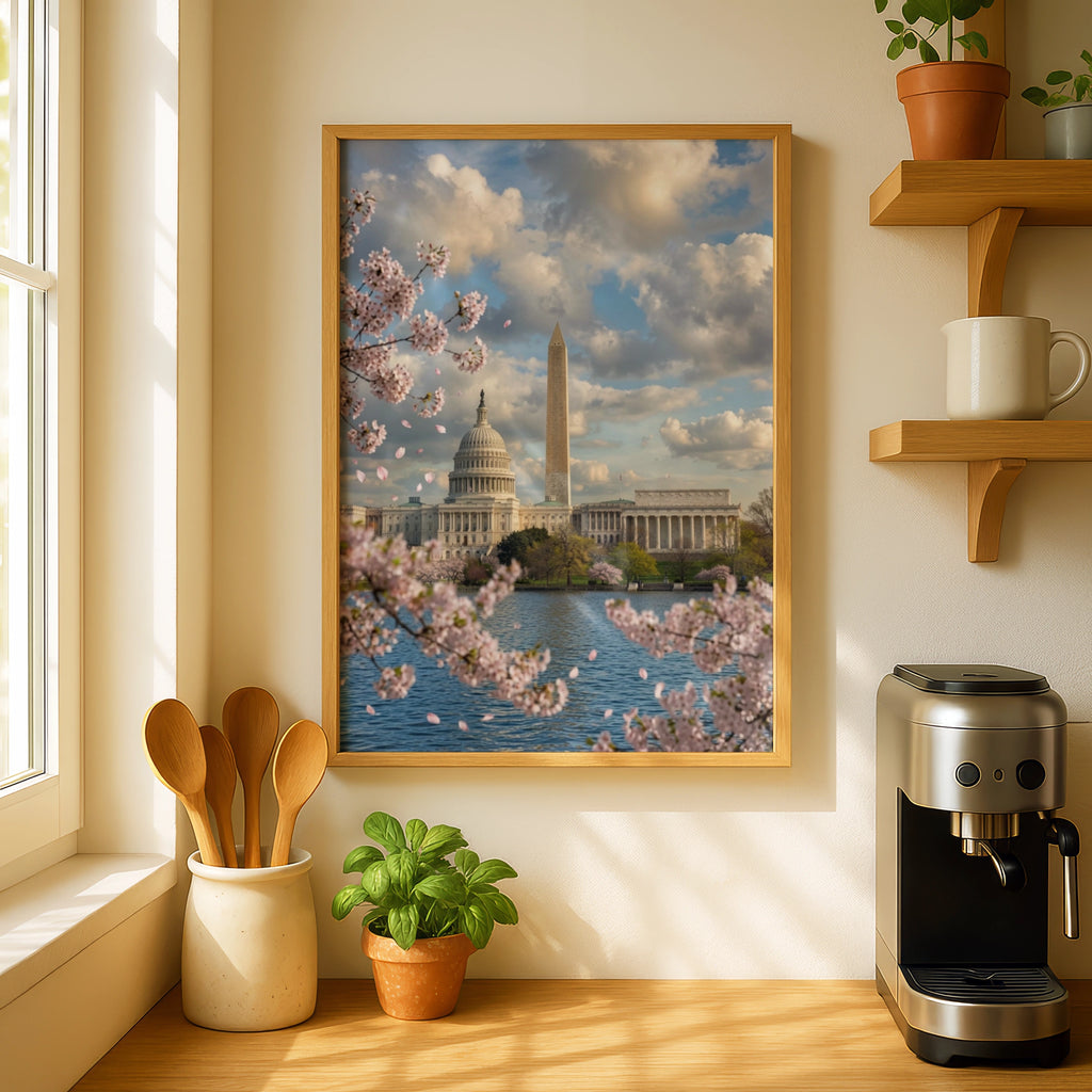 Washington DC Cherry Blossom Poster, Capitol Building Wall Art, Spring Tidal Basin Print