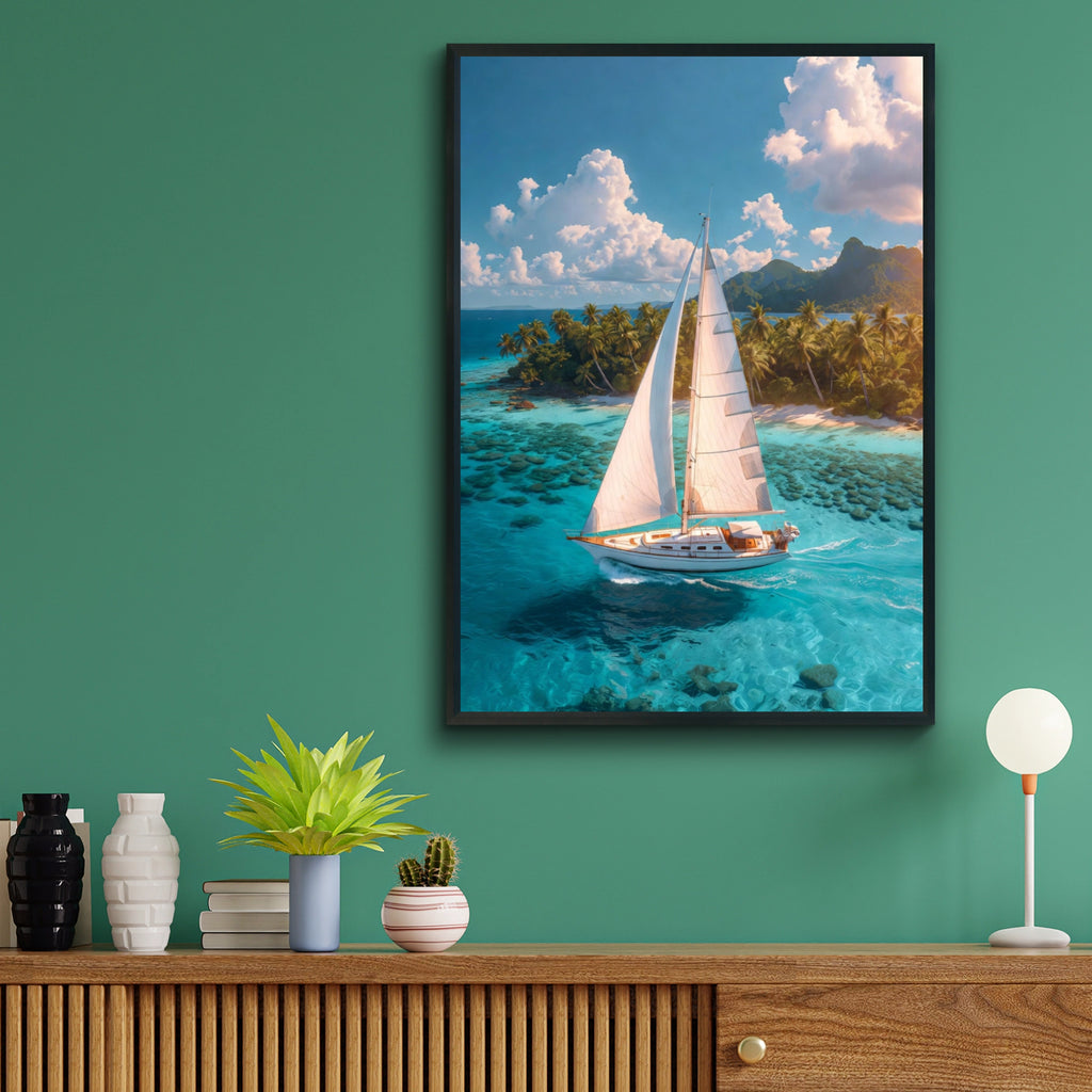 Tropical Sailboat Poster, Beach Ocean Wall Art, Turquoise Sea Print, Coastal Decor