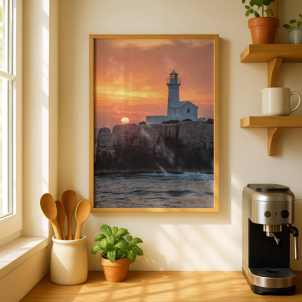 Lighthouse Sunset Poster, Coastal Rocky Cliff Wall Art, Ocean Photography Print